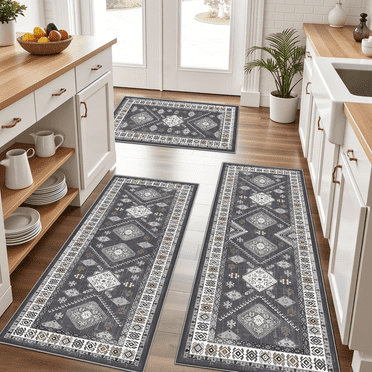 TECHVIDA Kitchen Rug Set 3 Piece,Non Slip Machine Washable Kitchen Mats,Farmhouse Hallway Doormat for Home Floor and Living Room,Gray