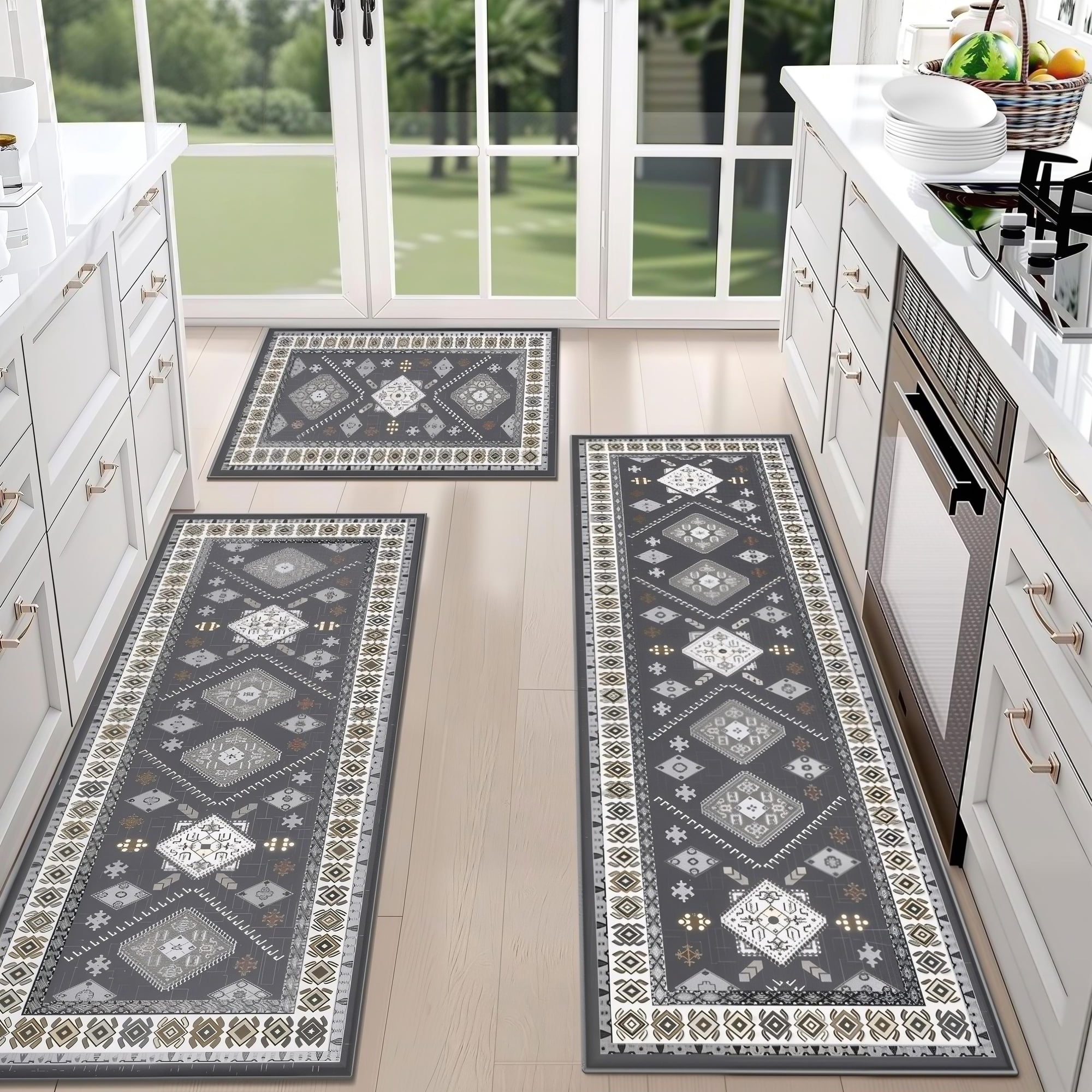 3 Piece Non Slip Kitchen Rug Set, Gray