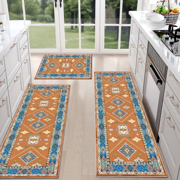 TECHVIDA Kitchen Rugs 3-Piece Set, Non-Slip Washable Boho Farmhouse Floor Mats for Hallway or Pantry