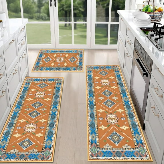TECHVIDA Kitchen Rugs 3 Piece Set,Kitchen Mats For Floor Non-Slip Machine Washable, Boho Farmhouse Hallway Doormat for Holiday