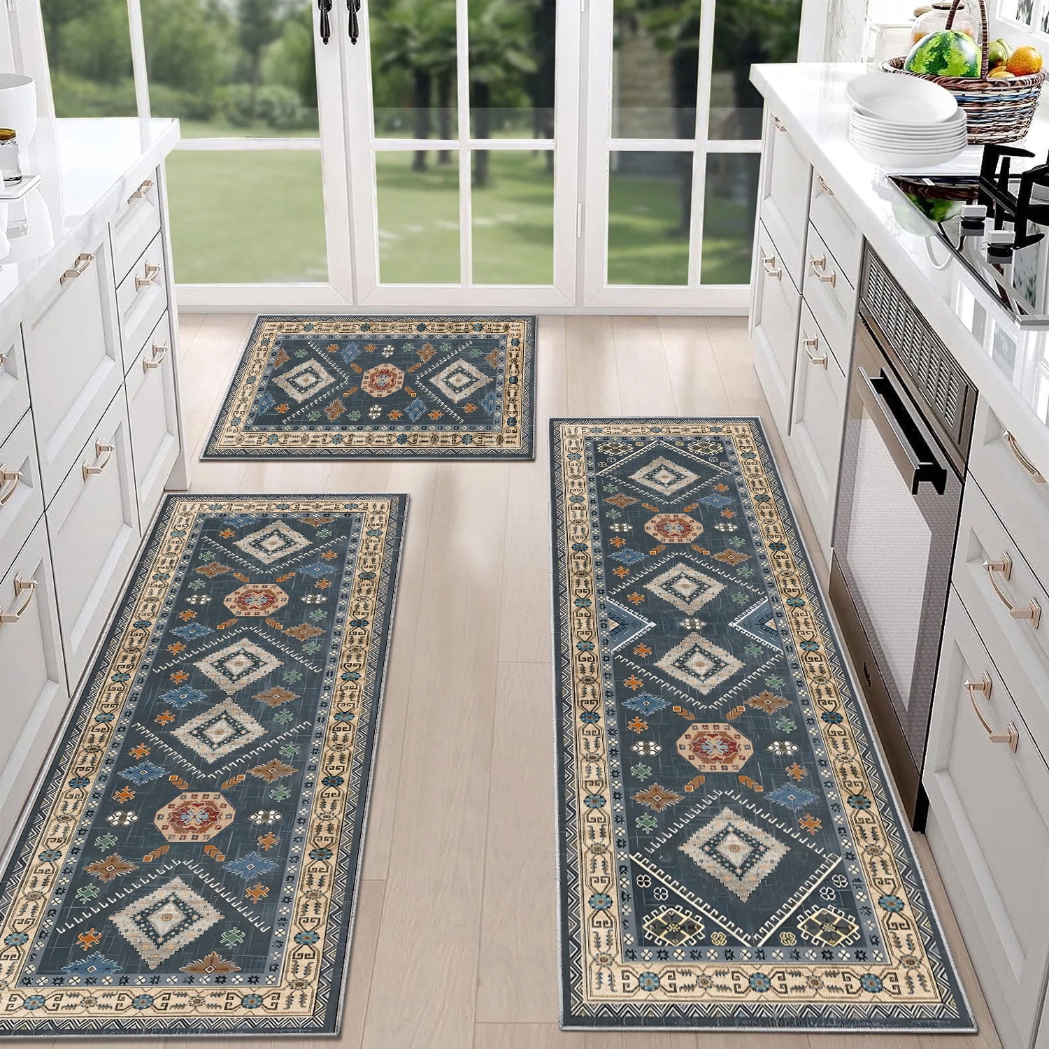 TECHVIDA Kitchen Rugs 3 Piece Set,Non Slip Machine Washable Kitchen Mats,Boho Vintage Abstract Kitchen Carpet for Farmhouse Living Room Hallway