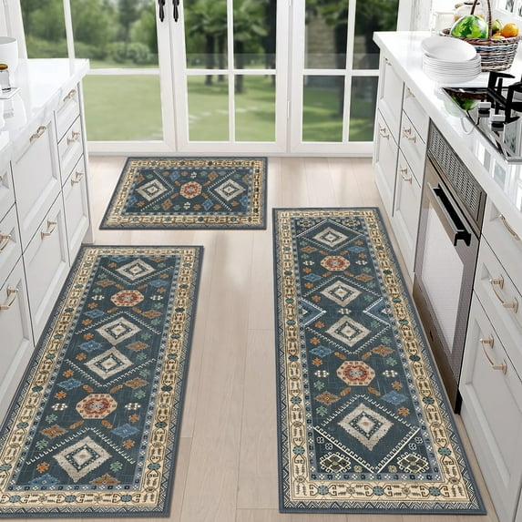 TECHVIDA Kitchen Rugs 3 Piece Set,Non Slip Machine Washable Kitchen Mats,Boho Vintage Abstract Kitchen Carpet for Farmhouse Living Room Hallway
