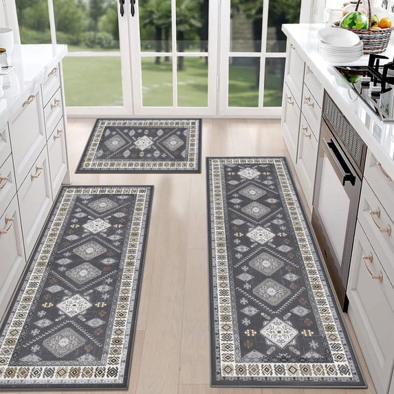 TECHVIDA Kitchen Rugs Set 3 Piece,Kitchen Mats for Floor, Non-Slip Machine Washable Rugs, Boho Farmhouse Hallway Doormat for Holiday,Gray