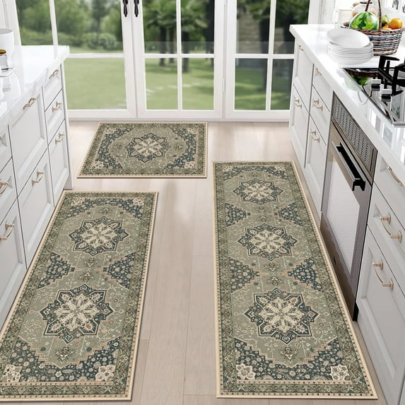 TECHVIDA Kitchen Rugs 3 Piece Set,Non Slip Machine Washable Kitchen Mats,Boho Vintage Kitchen Carpet for Farmhouse Living Room Hallway Laundry Room