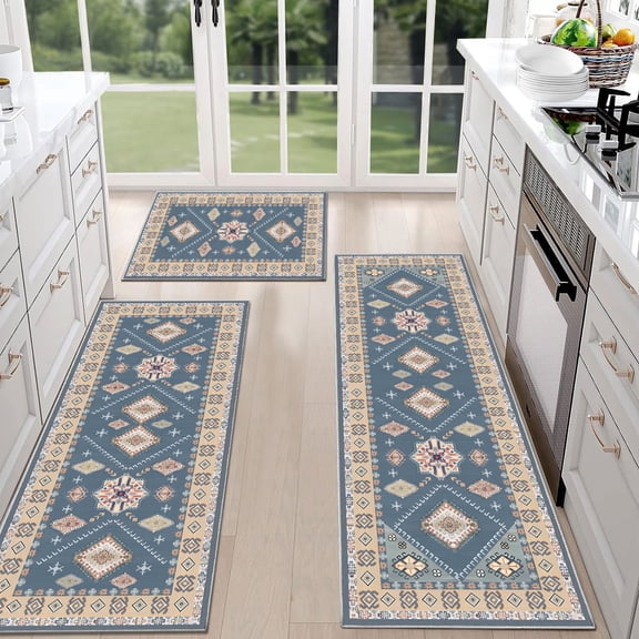 TECHVIDA Kitchen Rugs 3 Piece Set,Kitchen Mats for Floor Non-Slip Machine Washable, Boho Farmhouse Hallway Doormat for Holiday