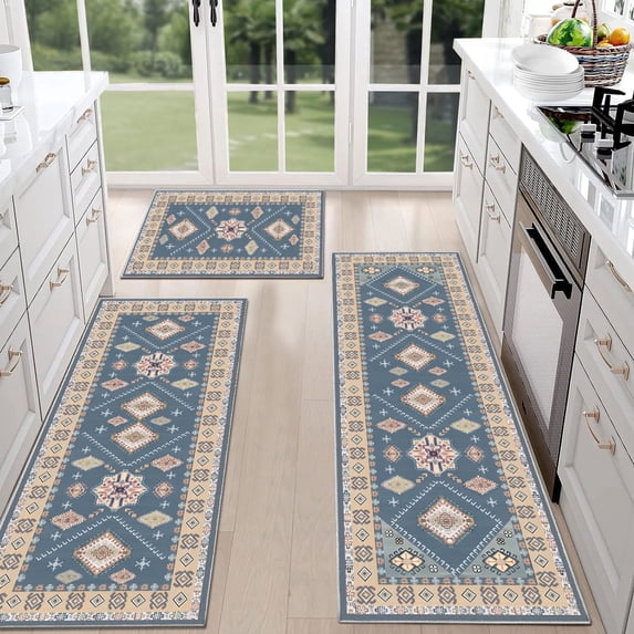 TECHVIDA Kitchen Rugs 3 Piece Set,Kitchen Mats for Floor Non-Slip Machine Washable, Boho Farmhouse Hallway Doormat for Holiday