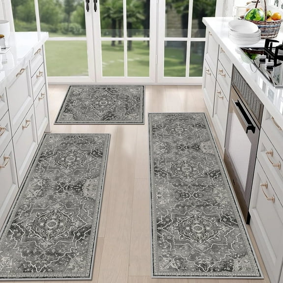 TECHVIDA Kitchen Rugs 3 Piece Set,Non Slip Machine Washable Kitchen Mats,Boho Vintage Kitchen Carpet for Farmhouse Living Room Hallway Laundry Room