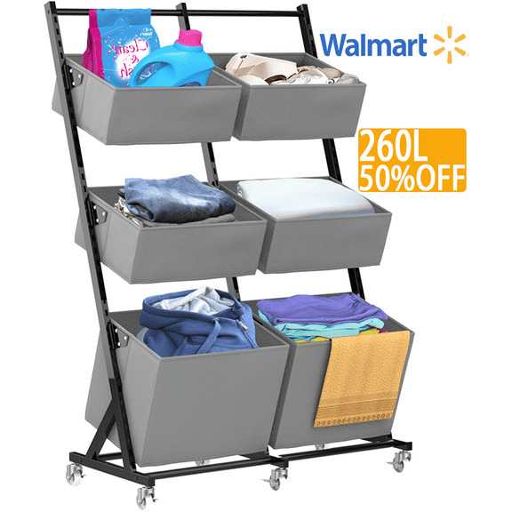 TECHVIDA Rolling Laundry Hamper Sorter, Freestanding Laundry Hamper with 6 Adjustable Storage Baskets for Bedroom,Laundry