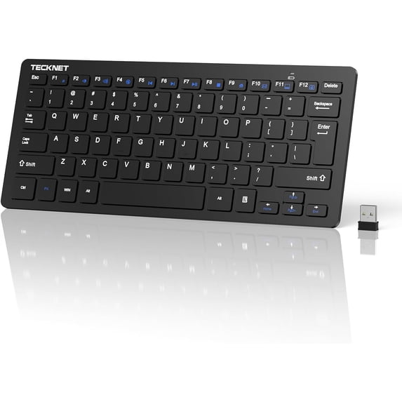 TECKNET BASICS 2.4G Wireless Keyboard - Mini Compact Keyboard with Media Hotkeys, 12-Month Battery Life, Compatible with PC, Desktop, Laptop, Smart TV - Black
