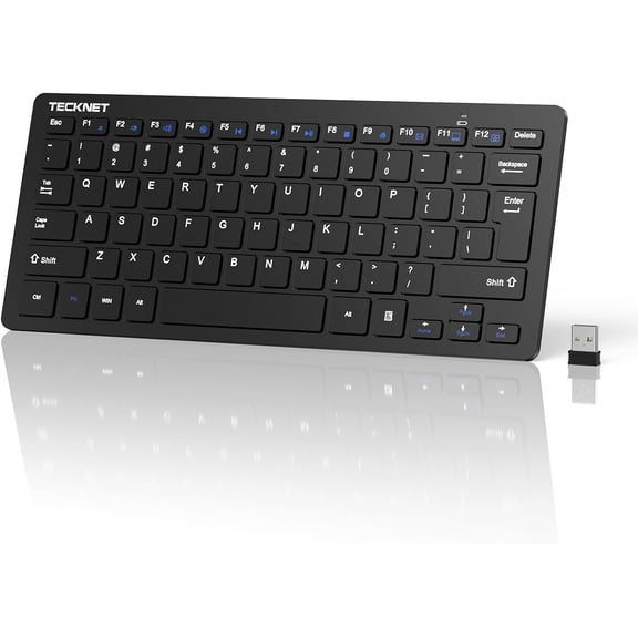 TECKNET BASICS 2.4G Wireless Keyboard - Mini Compact Keyboard with Media Hotkeys, 12-Month Battery Life, Compatible with PC, Desktop, Laptop, Smart TV - Black