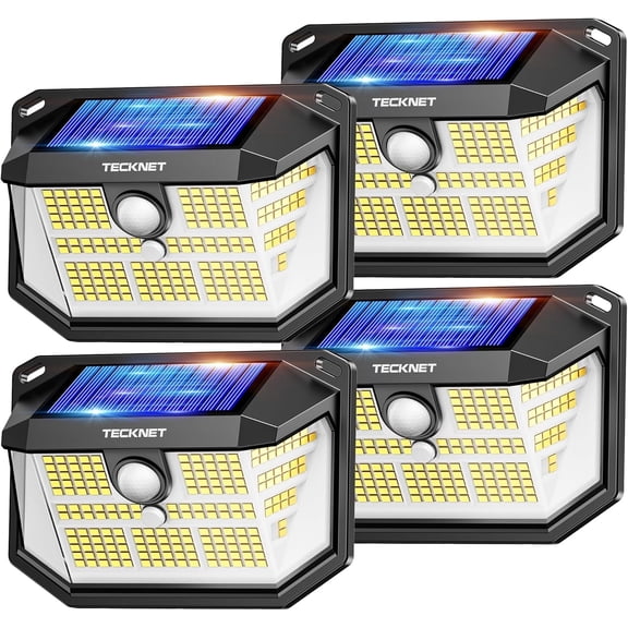 TECKNET 231 LED Solar Motion Lights Outdoor, 300 Angle & 3 Lighting Modes, PIR Motion Sensor & IP65 Security Solar Wall Lights for Fence Front Door Yard Deck Garden Garage(4 Pack)