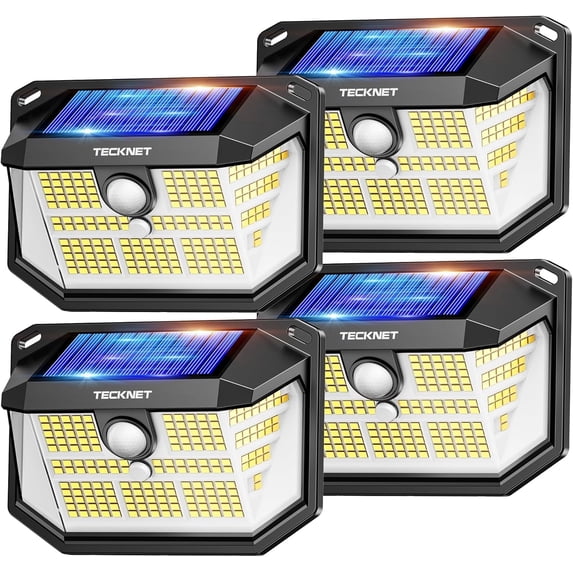 TECKNET 231 LED Solar Motion Lights Outdoor, 300° Angle & 3 Lighting Modes, PIR Motion Sensor & IP65 Security Solar Wall Lights for Fence Front Door Yard Deck Garden Garage(4 Pack)