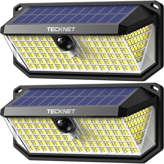 TECKNET 416 LED Solar Lights Outdoor Waterproof, 300° Angle & 3 Lighting Modes Motion Sensor Outdoor Lights, 2 Pack Solar Powered Flood Wall Lights IP66 for Home Patio Fence Yard Deck Garage Street
