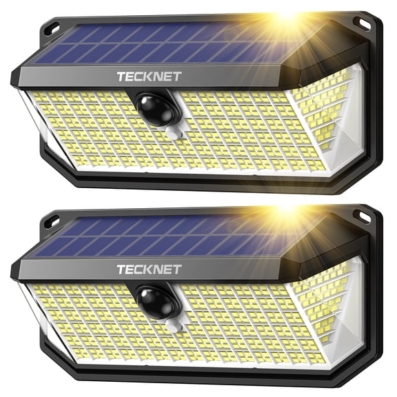 TECKNET BASICS 416 LED Solar Lights Outdoor Waterproof, 300°Angle & 3 Modes Motion Sensor,2 Pack IP66 Flood Wall Lights for Patio Fence Yard Deck Garage Street