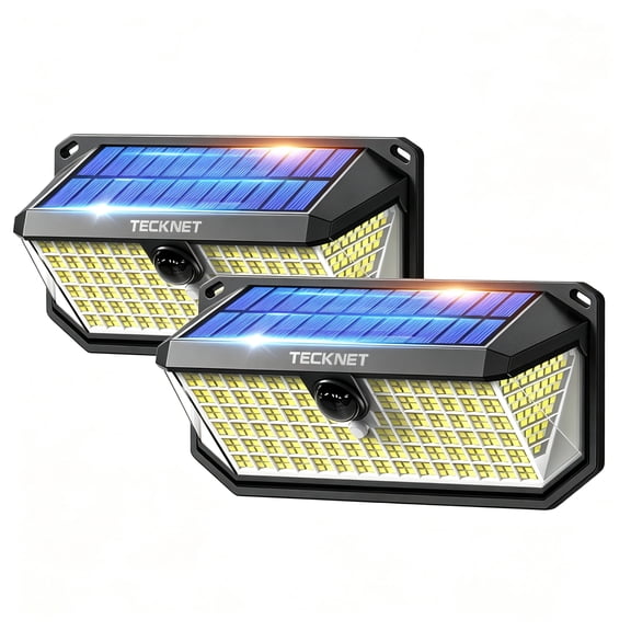 TECKNET 416 LED Solar Lights Outdoor Waterproof, 300° Angle & 3 Lighting Modes Motion Sensor Outdoor Lights, 2 Pack Solar Powered Flood Wall Lights IP66 for Home Patio Fence Yard Deck Garage Street