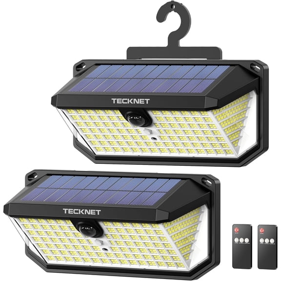 TECKNET 546 LED Motion Sensor Outdoor Lights with Remote Control & Hook,7500LM Solar Lights Outdoor with 2200mAh & IP66 Waterproof, 300° Angle & 3 Modes, Solar Lights for Patio Fence Garage 2 Pack