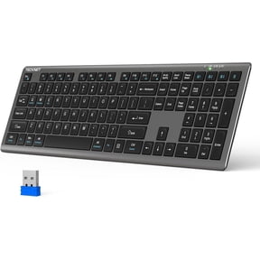 TECKNET BASICS Rechargeable Bluetooth Keyboard: 4-device free switching (2.4G+BT), ultra-slim full size, quiet typing, adjustable stand, 12 multimedia keys, for PC/laptop/TV/phone.