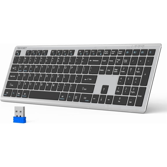 TECKNET BASICS Bluetooth Keyboard, Rechargeable 4-Device (2.4G BT) Ultra-Slim Full Size Wireless Keyboard with Quiet Typing, Adjustable Stand & 12 Multimedia Keys for PC, Laptop, Smart TV, Phone