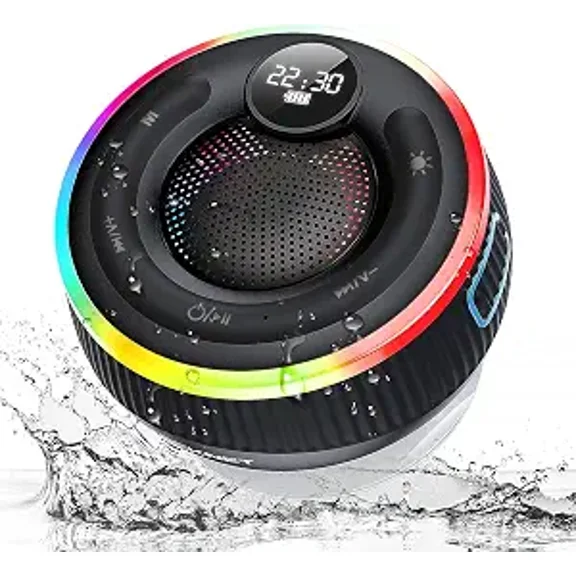 TECKNET BASICS Wireless Shower Speaker, IPX7 Waterproof Portable with RGB Light, 10H Playtime, Built-in Mic & Suction Cup for Bath Beach - Black