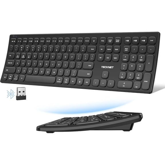 TECKNET BASICS Bluetooth Wireless Rechargeable Keyboard, multi-device switching (BT5.0+2.4G+Wired), quiet typing, ultra-slim full size w/ numpad, stable for Mac/Windows/Android/PC.