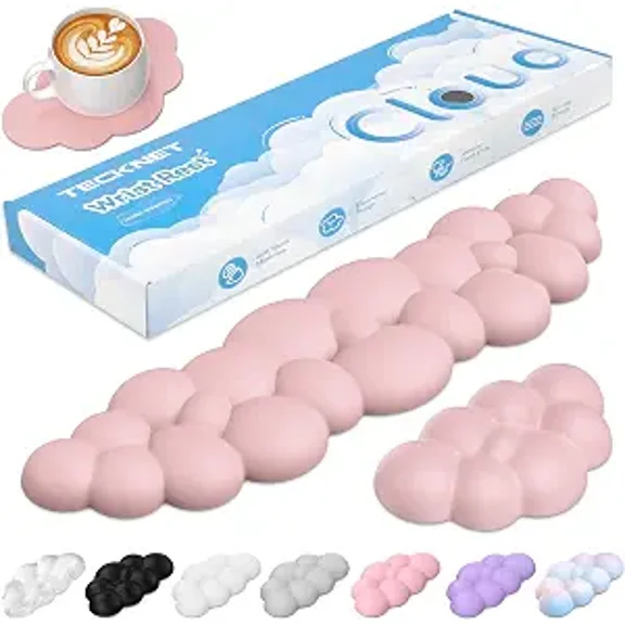 TECKNET Cloud Keyboard Wrist Rest Set, Non-Slip PU Leather Wrist Pad with Ergonomic Memory Foam, for Laptop/Office/Gaming & Pain Relief, Light Pink