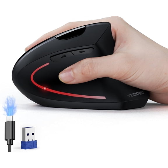 TECKNET Ergonomic Mouse, Rechargeable 2.4G+Bluetooth Vertical Mice 6 DPI Adjustable, Wireless Optical Carpal Tunnel Mouse Right Hand, Multi Device for Laptop, PC, Computer, MacBook, iPad - Black