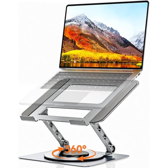 TECKNET BASICS Laptop Stand, 360° Rotating Base, Ergonomic Foldable Aluminum Alloy Riser, Height Adjustable, Compatible with MacBook, Dell, HP and All 10‑17" Laptops‑ Silver