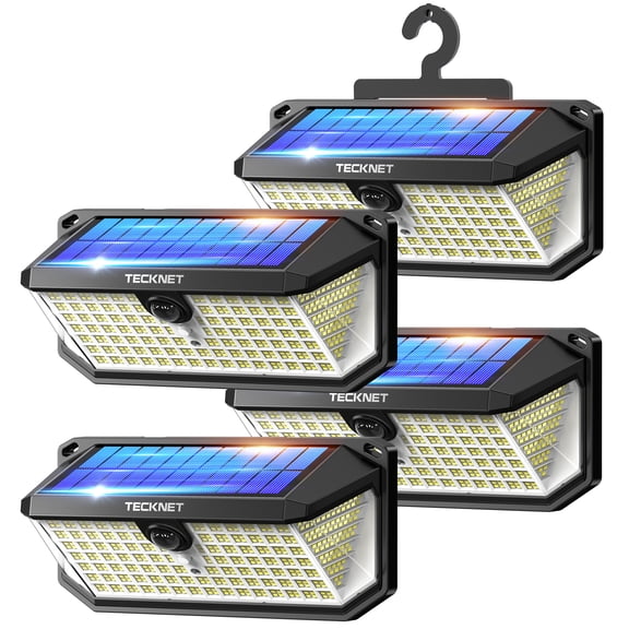 TECKNET Outdoor Solar Lights with Motion Sensor, 546 LEDs, 300 Beam Angle, 3 Lighting Modes, IP66 Waterproof Solar Lights for Outdoor Use, Garden, Garage, Front Door (4-Pack) [Energy Class D]