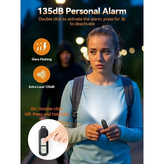 TECKNET Personal Safety Alarm 135dB with SOS Strobe Light for Women - Rechargeable& IPX4 Waterproof Running Lights with Clip On Torch & Low Battery Notice, Safety Siren for Travel Kids, Black