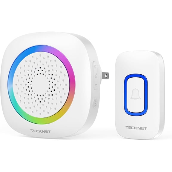 TECKNET Plug in Wireless Doorbell with RGB Lighting & 1300 Feet Range,IP66 Waterproof Door Bell for Home/Classroom,60 Chimes,5-Level Volume,4.5-Year Battery Life(White),FCC ID:YI6RL-33TX