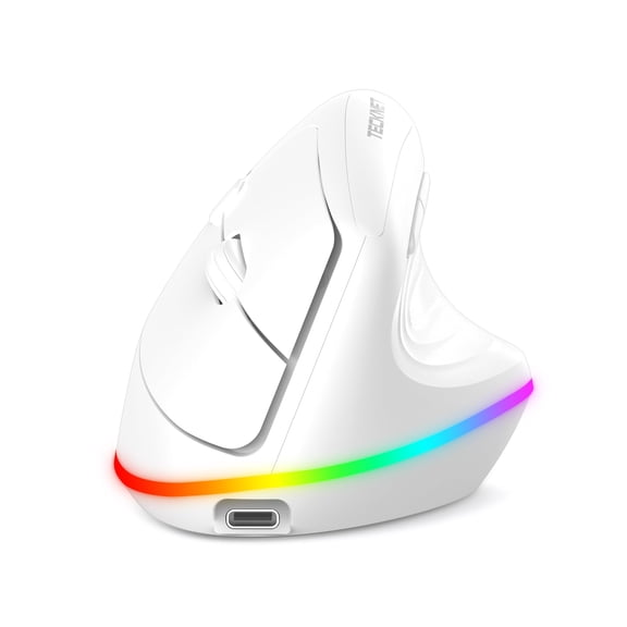 TECKNET RGB Wireless Ergonomic Mouse Rechargeable - USB+Bluetooth Multi-Device LED Vertical Mouse with 11 RGB Backlight Modes, 4800 DPI Adjustable, Ergo Mice for Windows and Mac, White