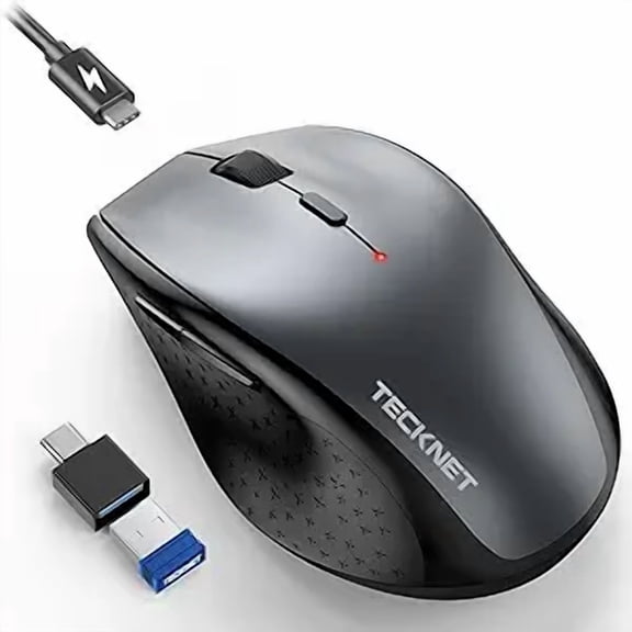 TECKNET Rechargeable Mouse with Jiggler, Plug & Play, 2.4G Connection with USB-C Adapter, Silent Mouse Quiet Click, 6400 DPI Ergonomic Mouse, Cordless Computer Mice for Laptop, Desktop, PC