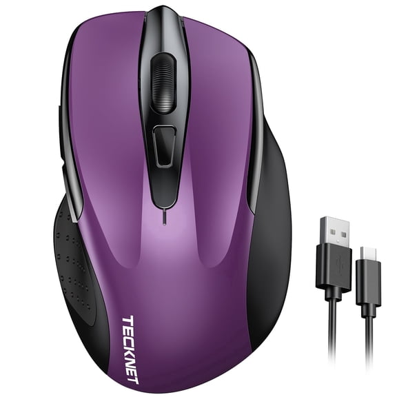 TECKNET Rechargeable Wireless Mouse,USB-A Silent Mouse, Quiet Click, 6 Adjustable 4800 DPI, Cordless Computer Mouse, Ergonomic Mouse for Laptop, 6 Buttons 2.4G Mouse for Chromebook, Ergo Grip - Purpl