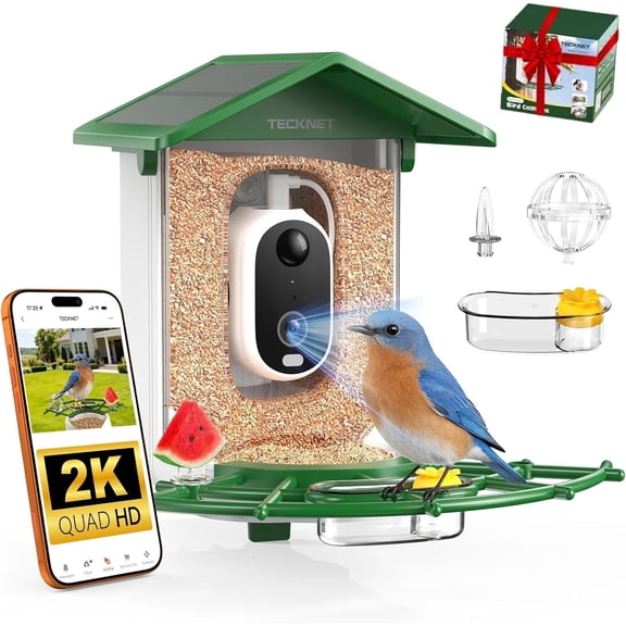 TECKNET Smart Bird Feeder with Camera, 2K UHD Video, AI Bird Species Identification, Instant Arrival Alerts, Solar Powered, Waterproof Birdhouse Camera, Gift for BirdLovers, Family, Green