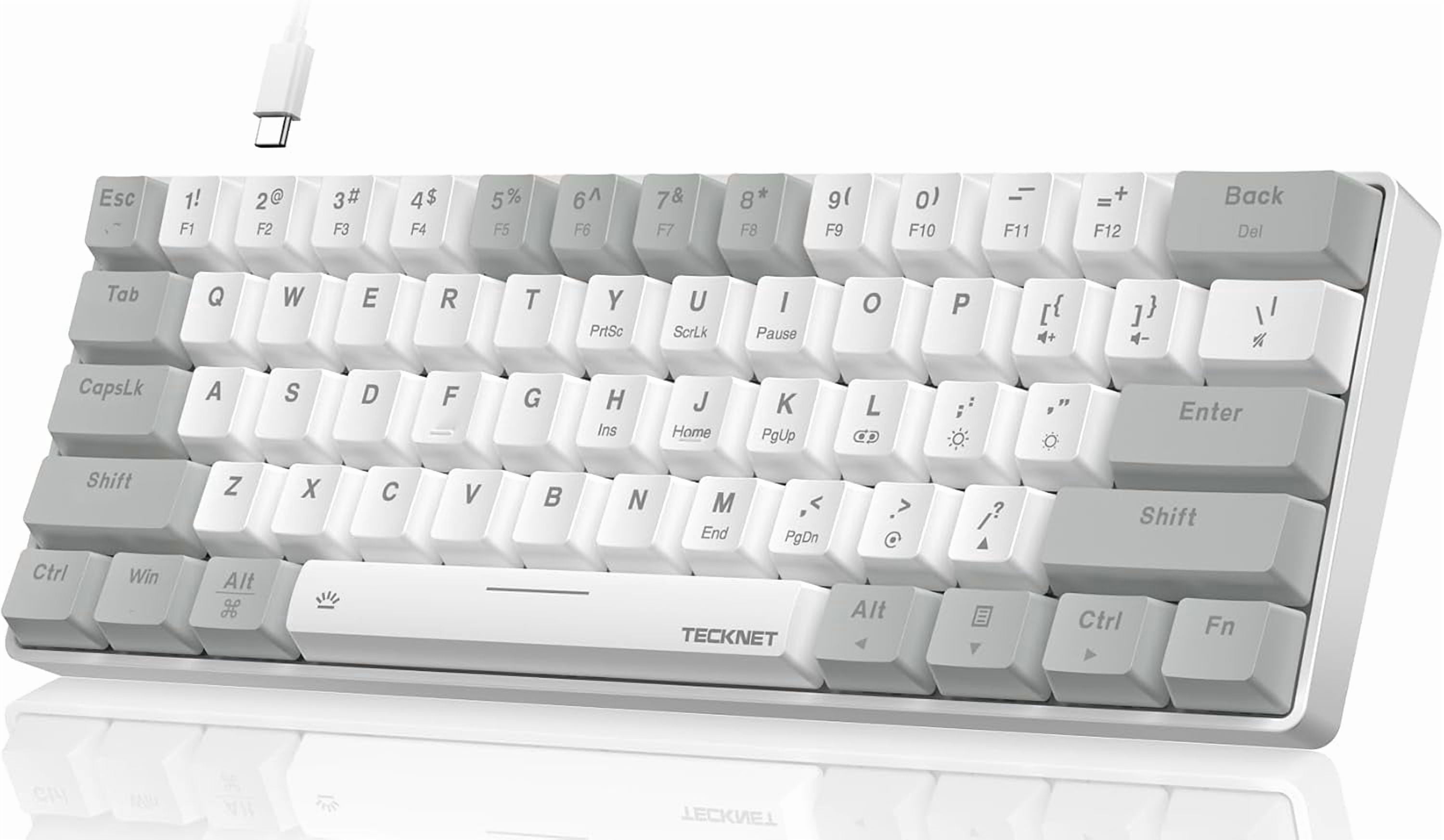 TECKNET Ultra Compact Mechanical Keyboard with 60% Cable, RGB Keyboard, White USB Keyboard with Red Switch, Illuminated Keyboard with Adjustable Stand, Clicky Portable Keyboard