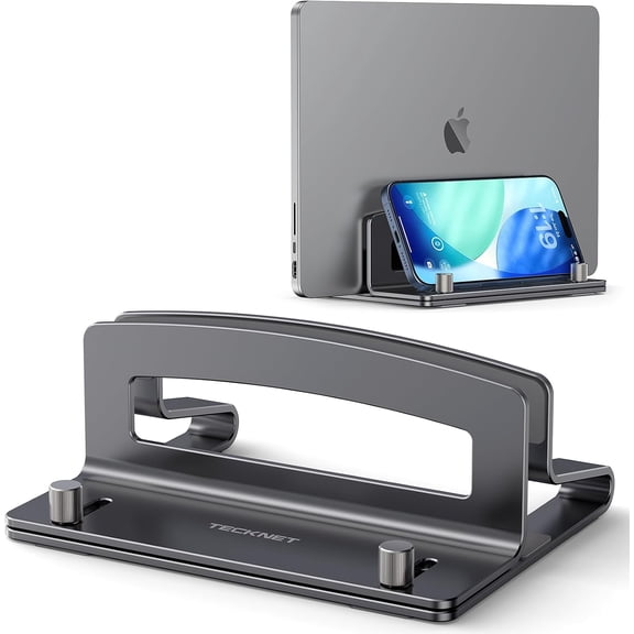 TECKNET Vertical Laptop Stand, Adjustable Aluminum Holder fits up to 17.3" Laptops, Non-Slip Silicone Base for MacBook/Dell/HP - Silver