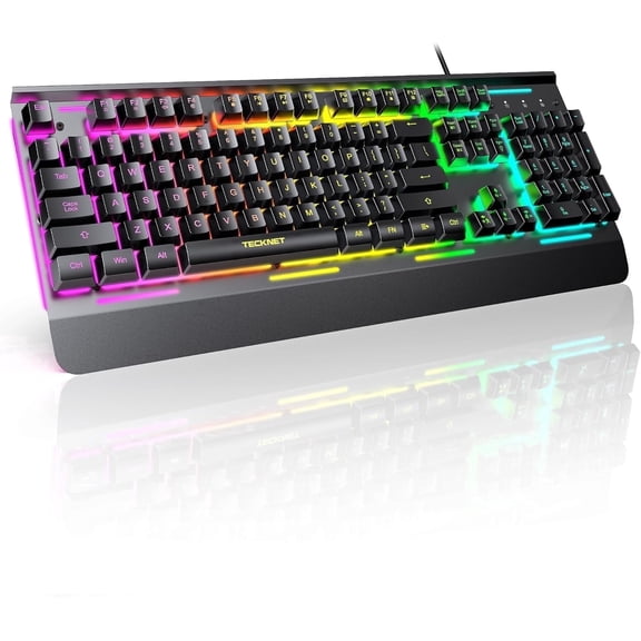 TECKNET Wired Gaming Keyboard, 2.4G USB Computer Keyboards, 7-Color & 4 Modes Backlit, Whisper Quiet Switches, Full Size Quiet Keyboard for Windows Desktop, PC, Laptop, Gaming