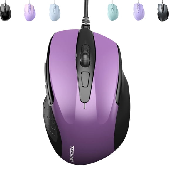 TECKNET Wired Mouse, 6-Button Corded with 4 Adjustable DPI, Optical Ergonomic Design, 5FT Cord for Laptop, Chromebook, PC, Desktop, Mac, Notebook - LT.Purple