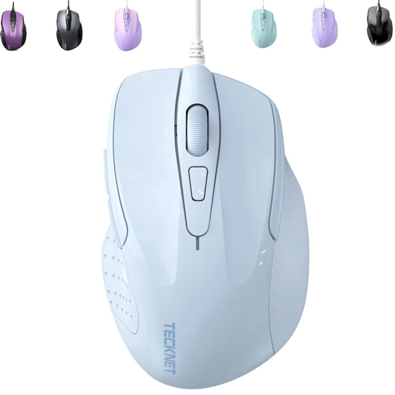 TECKNET Wired Mouse, 6-Button Corded with 4 Adjustable DPI, Optical Mouse with Ergonomic Design and 5FT Cord for Laptop, Chromebook, PC, Desktop, Mac, Notebook - LT.Blue