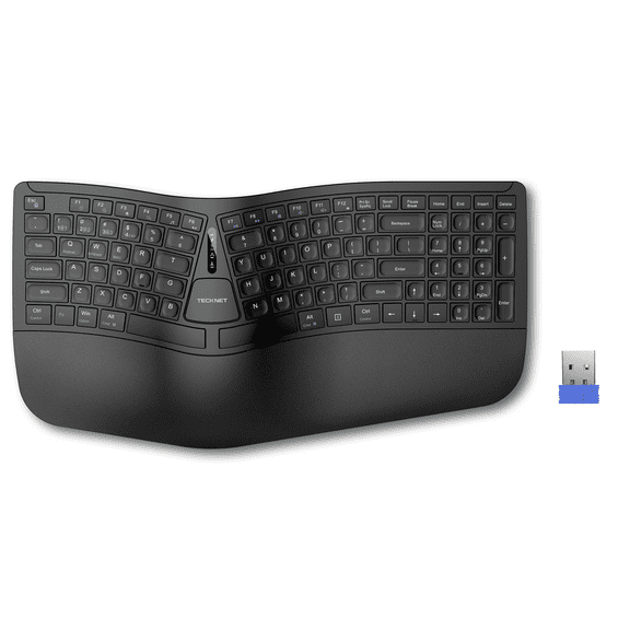 TECKNET Wireless Ergonomic Keyboard Rechargeable, 2.4G+BT Ergo USB Keyboard, Wrist Rest, Natural Typing, Stain-Resistant Fabric, for Windows PC/Laptop