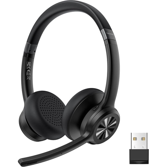 TECKNET BASICS Wireless Headset, Bluetooth V5.2 with Noise Cancelling Mic, Rechargeable, 50H Playtime & Mic Mute, On-Ear Headphones for Trucker, Remote Work, Call Center
