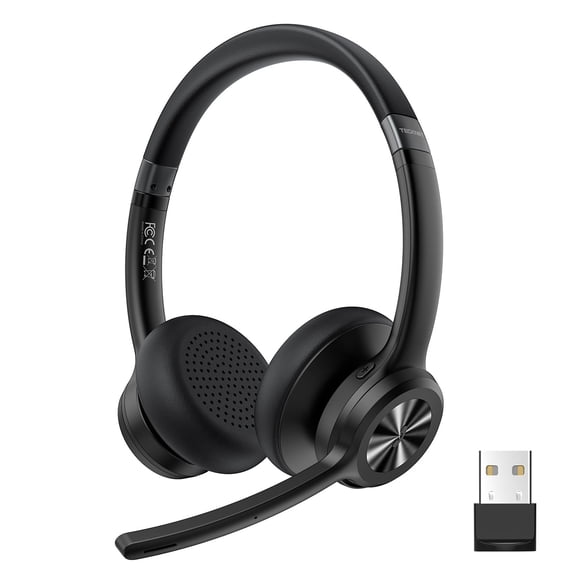 TECKNET Wireless Headset with USB Dongle, Bluetooth Headset with Noise Cancelling Mic - Rechargeable Bluetooth V5.2, 50H Playtime & Mic Mute, On Ear Headphones for Trucker/Remote Work/Call Center