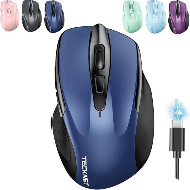 TECKNET Wireless Mouse (BT5.0/3.0 & 2.4G) Rechargeable 4800 DPI Silent USB A & Bluetooth Mouse 6 Buttons, Wide Compatibility - Blue