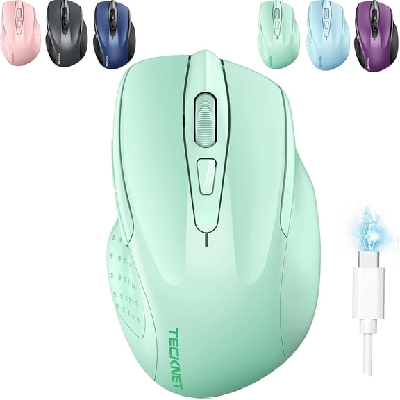 TECKNET Wireless Mouse (BT5.0/3.0 & 2.4G) Rechargeable 4800 DPI Silent USB A & Bluetooth Mouse 6 Buttons, Wide Compatibility - Green