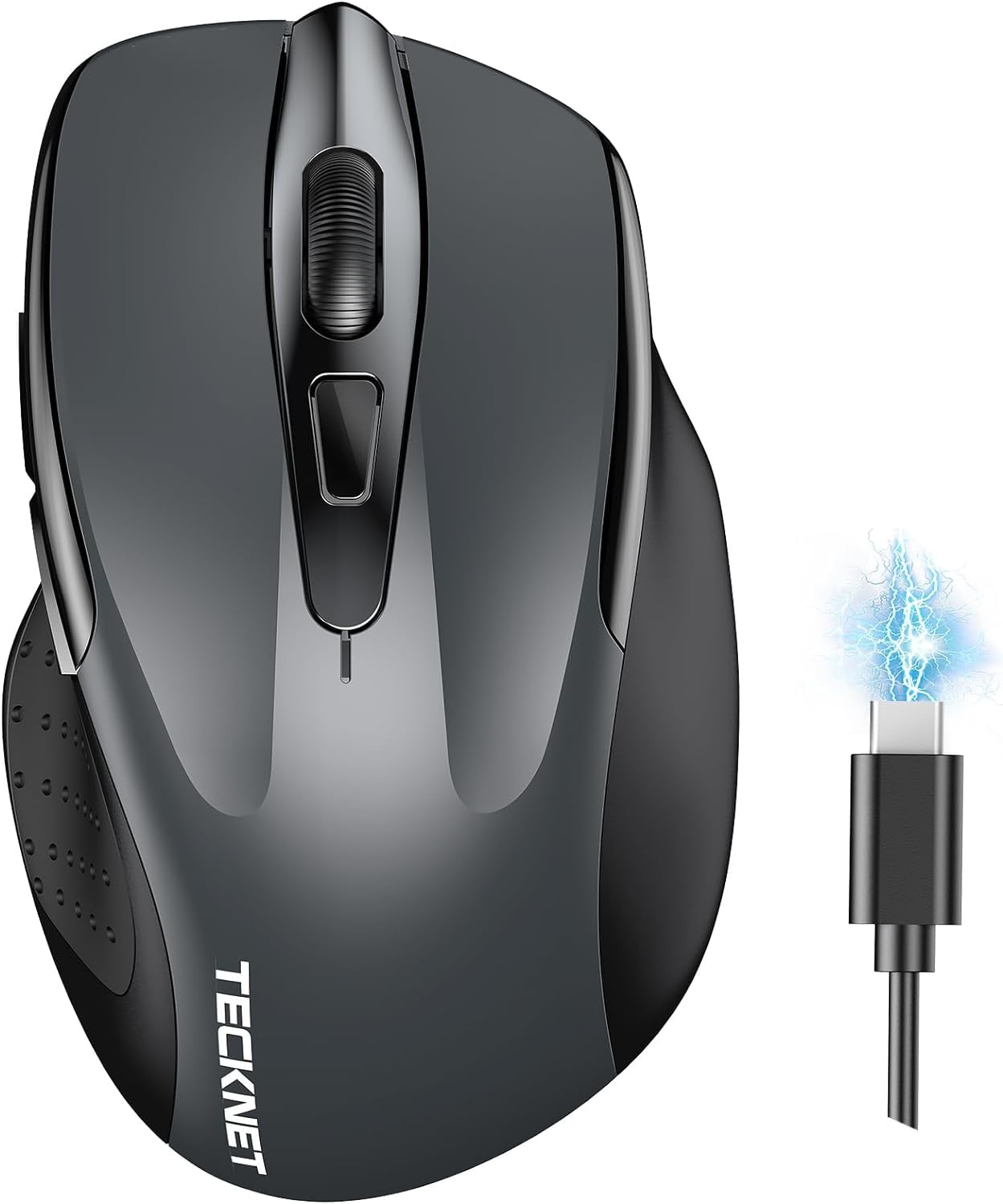 Wireless Mouse (BT5.0/3.0 & 2.4G) Rechargeable 4800 DPI Silent USB A & Bluetooth Mouse 6 Buttons, Wide Compatibility - Grey