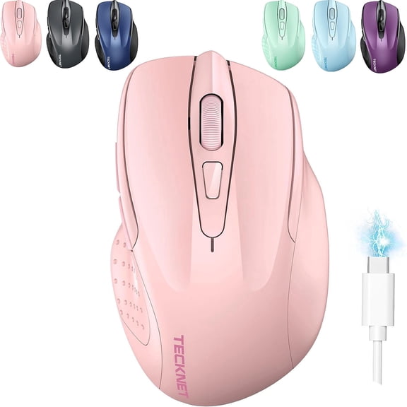 TECKNET Wireless Mouse (BT5.0/3.0 & 2.4G) Rechargeable 4800 DPI Silent USB A & Bluetooth Mouse 6 Buttons, Wide Compatibility - Pink