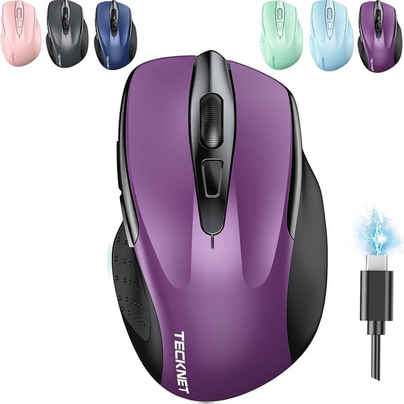 TECKNET Wireless Mouse (BT5.0/3.0 & 2.4G) Rechargeable 4800 DPI Silent USB A & Bluetooth Mouse 6 Buttons, Wide Compatibility - Purple
