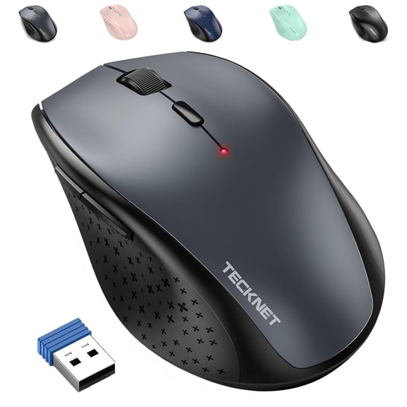 TECKNET Wireless Mouse, 2.4G USB Computer Mouse with 6-Level Adjustable 4800 DPI, Silent Quiet Click，30 Months Battery, Ergonomic Grips, 6 Buttons Portable for PC, Chromebook, Mac - Grey