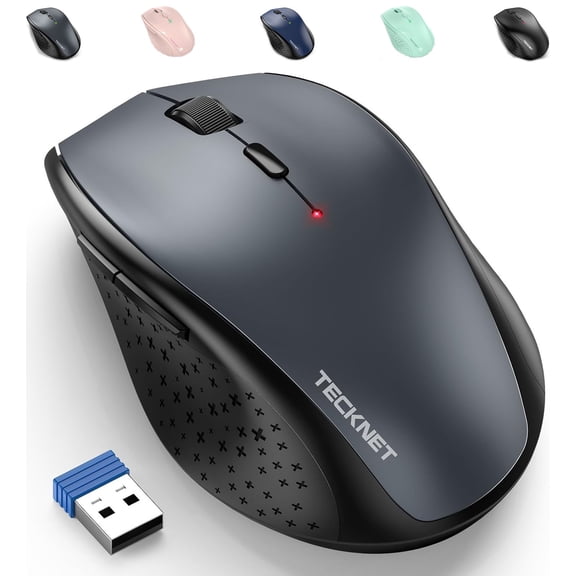 TECKNET Wireless Mouse, 2.4G USB Computer Mouse with 6-Level Adjustable 4800 DPI, Silent Quiet Click,30 Months Battery, Ergonomic Grips, 6 Buttons Portable for PC, Chromebook, Mac - Grey