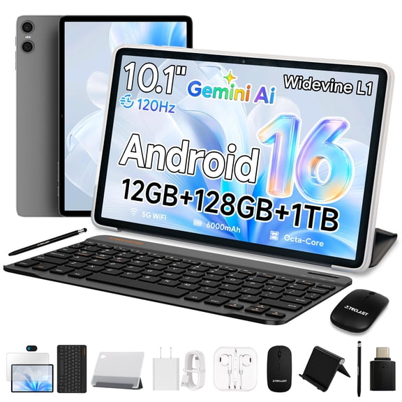 Android 16 Tablet 10.1 inch TECLAST Android Tablet with Keyboard, 16GB+128GB+1TB TF, Octa-core CPU, 120Hz Refresh Rate, 5G WiFi, Widevine L1, 6000mAh, Bluetooth 5.0, GPS, Tablet with 10 Accessories